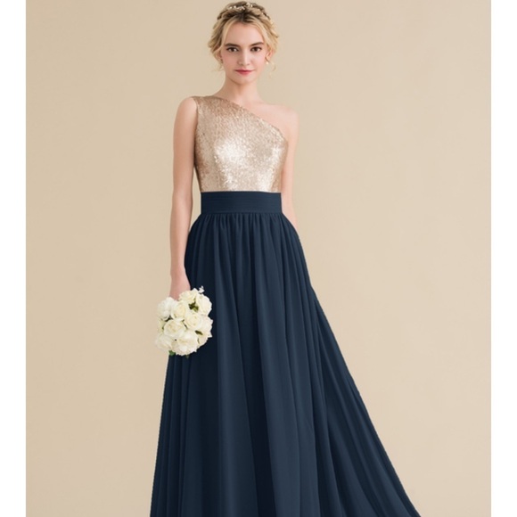 JJ’s House A Line One Shoulder Floor Length Chiffon Sequin Dress XS NEW! - Picture 1 of 9